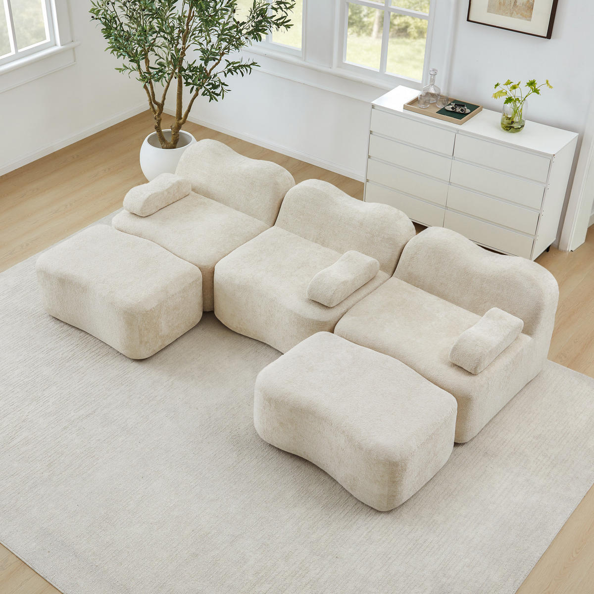 WOHNLANDSCHAFT Samt Beige mit 2 Hocker - Beige, Textil (288/70/167cm) - WISHDOR