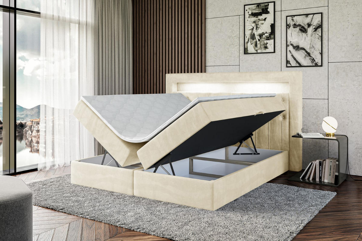 BOXBETT LED mit H4-Matratze und Lattenrost - NOEL GOLD - 120x200 Beige - Beige, Holzwerkstoff (120/200cm) - ALTDECOR