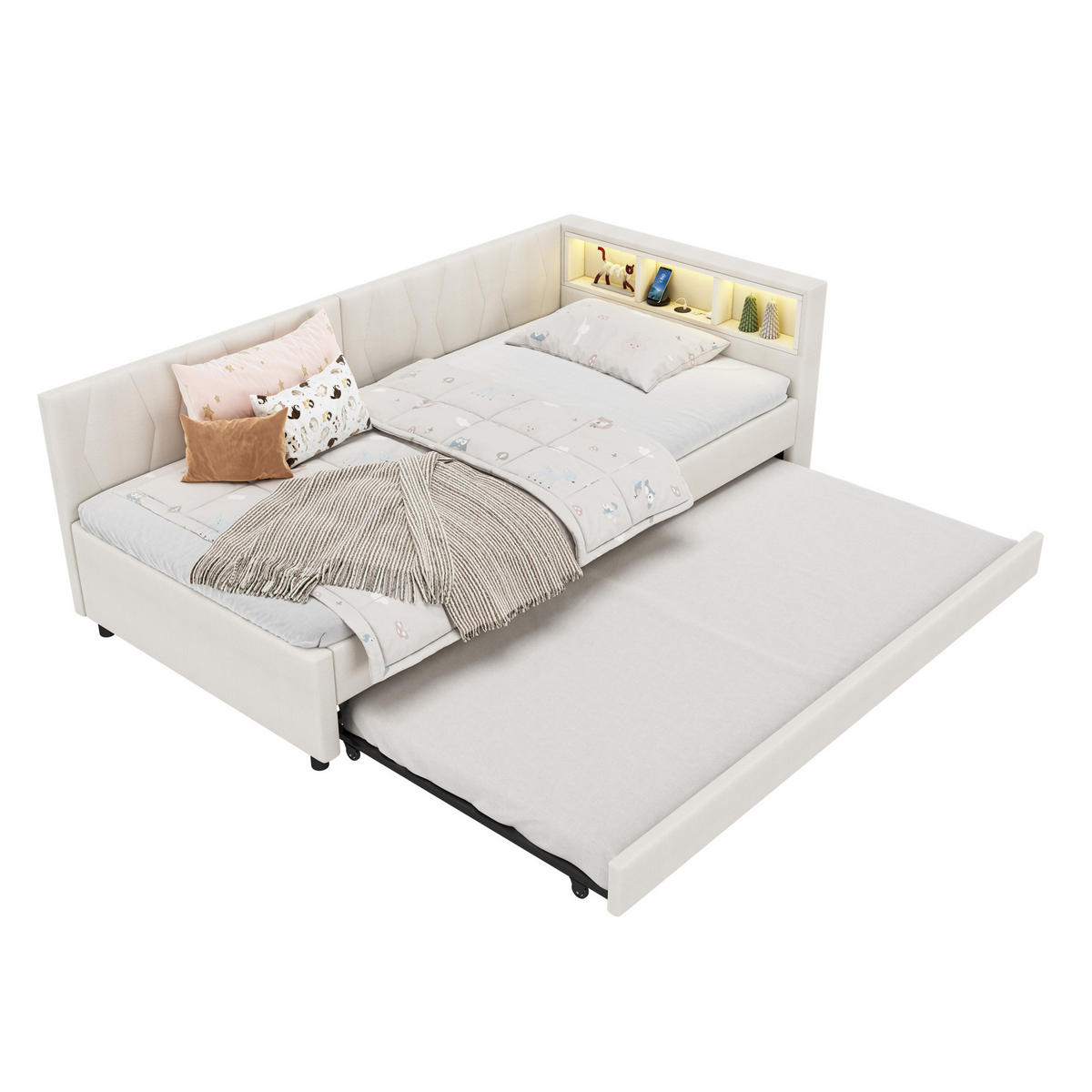 DNEVNI krevet 90/200 cm bež od lana i MDF-a s izvlačnim ležajem USB Type-C i LED rasvjetom - bež, tekstil (90/200cm) - OKWISH