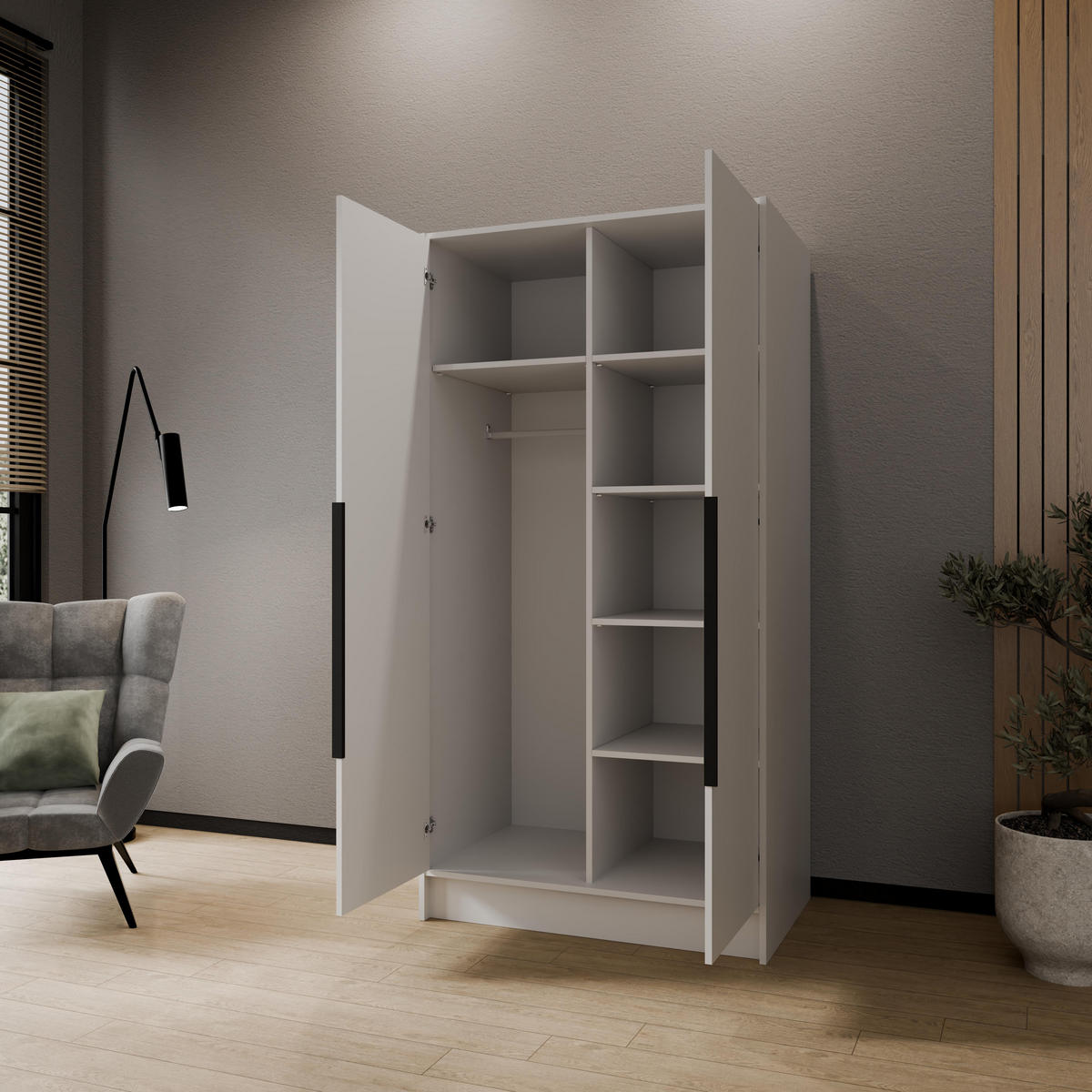 DREHTÜRENSCHRANK Luxia mit Spiegel, Weiß mit schwarzen Griffen, 100 cm - Schwarz/Weiß, Holzwerkstoff (102/200/51cm) - AN Furniture Store