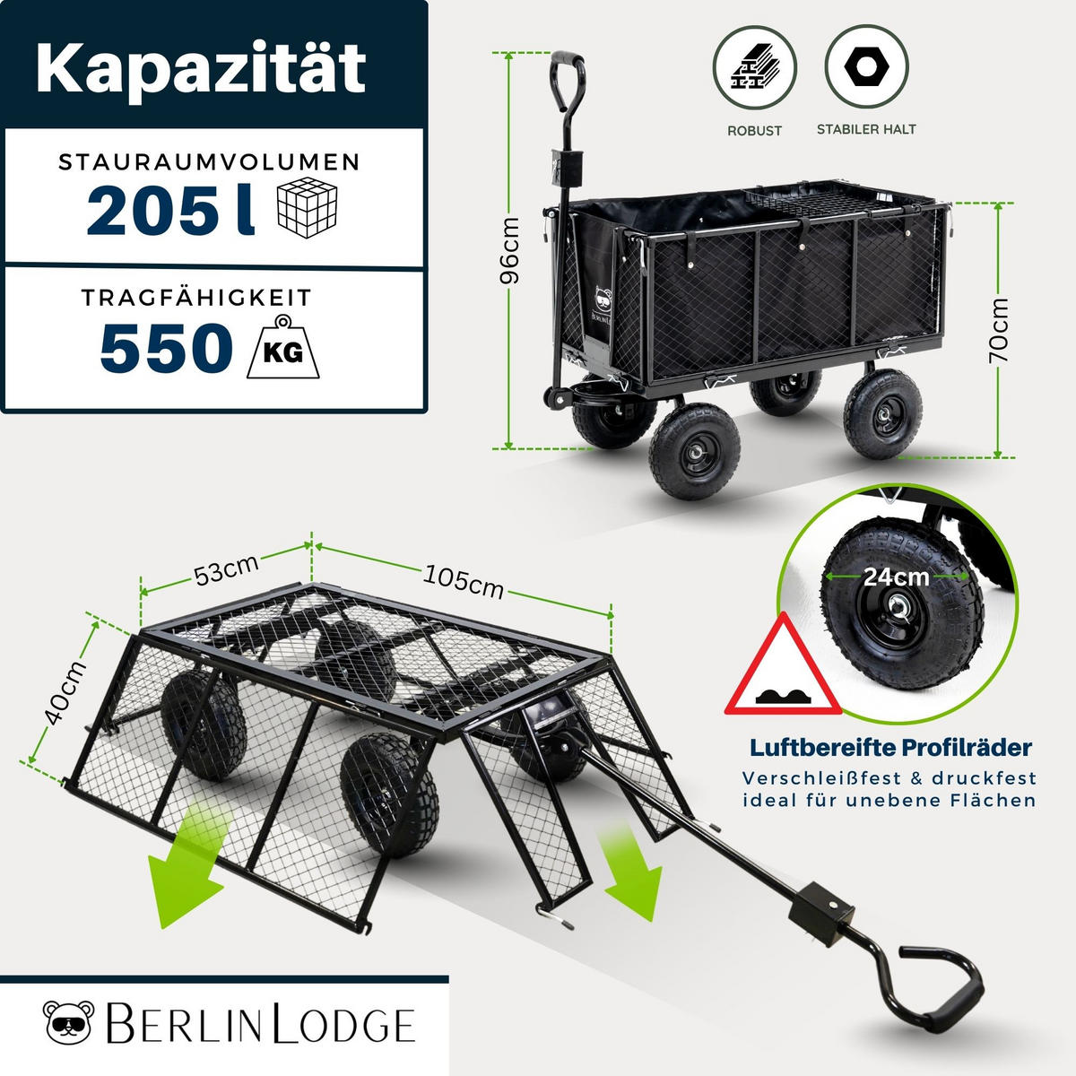 BOLLERWAGEN All Black 205L 96x53x105cm Traglast 550kg Schwarz - Schwarz, Metall (53/96/105cm) - BERLINLODGE