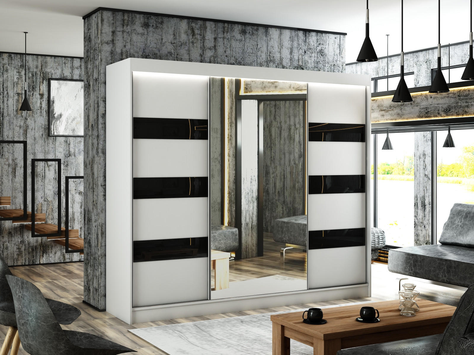 KLEIDERSCHRANK mit Spiegel und Schiebetüren LOSTE - 250 cm Weiß|Schwarz - Schwarz/Weiß, Holzwerkstoff (250/215/61cm) - ALTDECOR