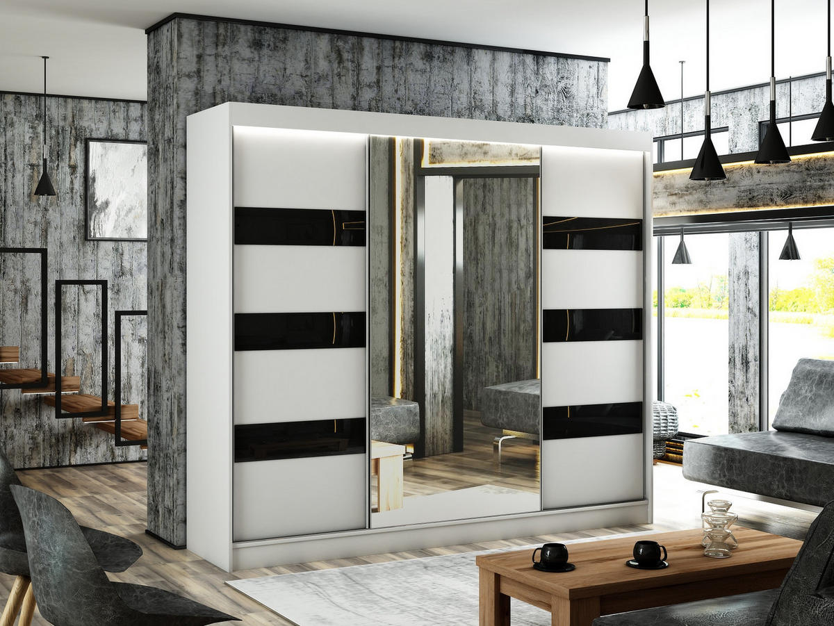 KLEIDERSCHRANK mit LED, Spiegel und Schiebetüre LOSTE - 250 cm Weiß|Schwarz - Schwarz/Weiß, Holzwerkstoff (250/215/61cm) - ALTDECOR