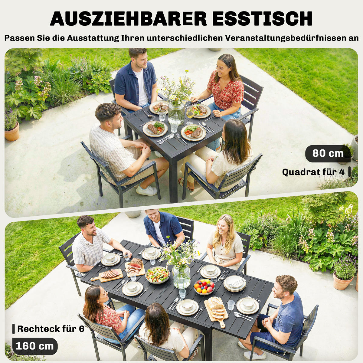 AUSZIEHBARER-GARTENTISCH Aluminium Stahl Schwarz - Schwarz, Metall (160/80/75cm) - Outsunny