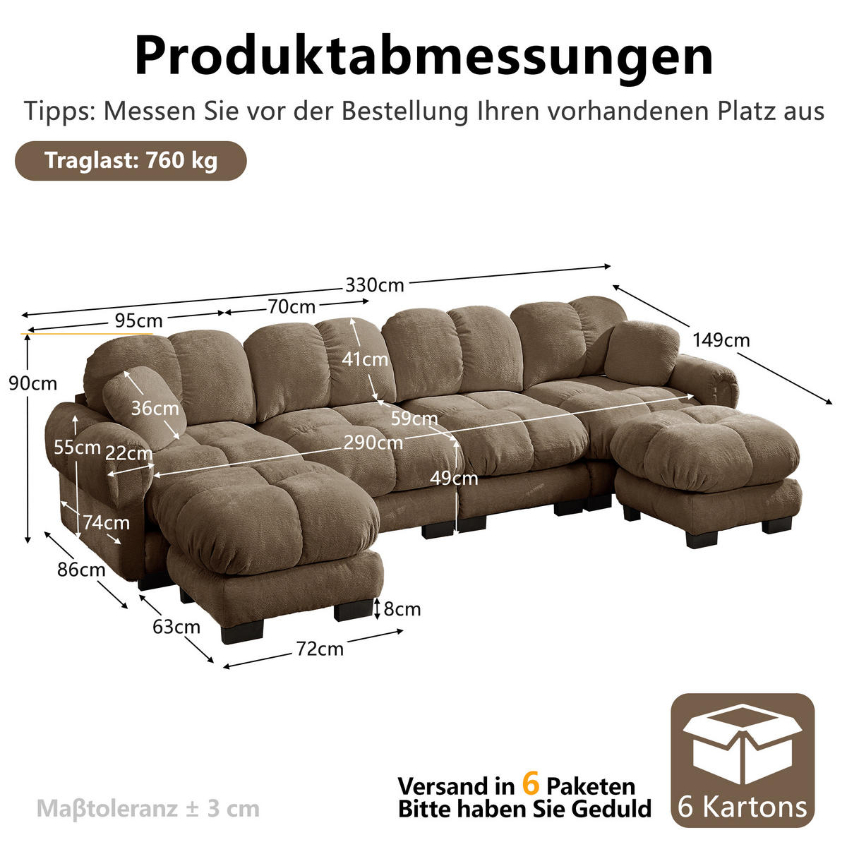 WOHNLANDSCHAFT DE-34384 U-Form mit 2 Ottomans und Steppdesign Braun - Braun, Textil (149/90/330cm) - ComfortXL