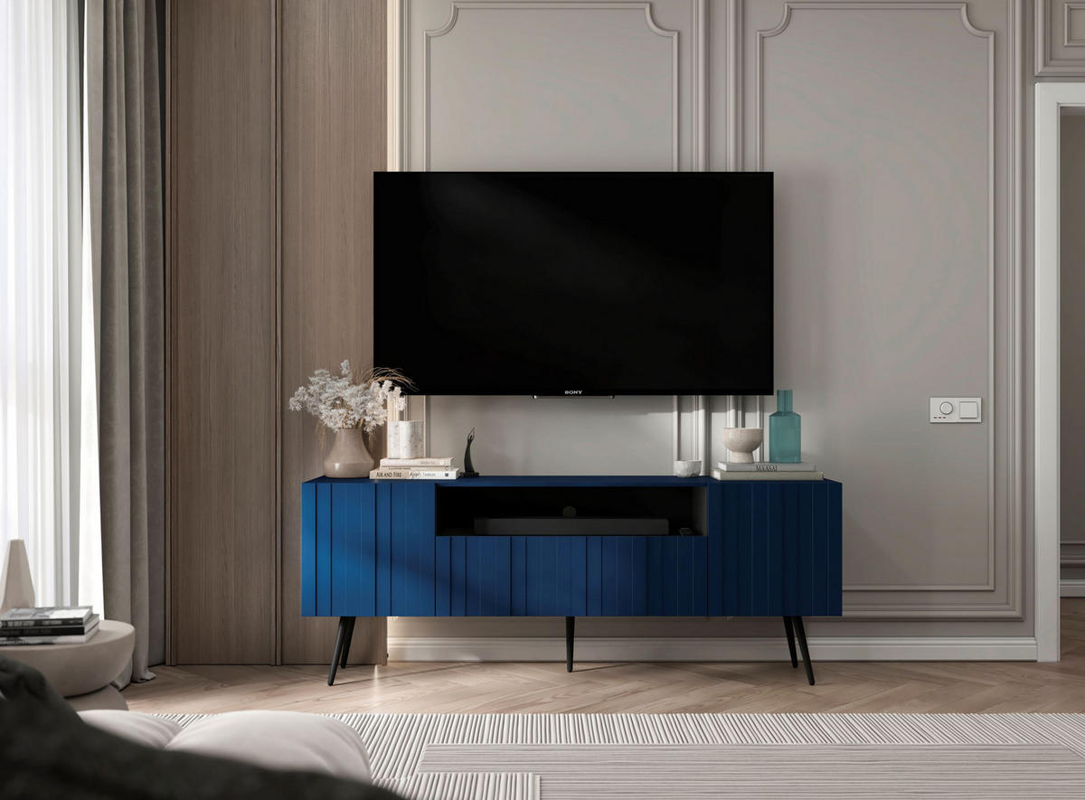 TV-SCHRANK Elpis Marineblau Matt mit Metallbeine Glamour 150 cm - Blau/Schwarz, Holzwerkstoff/Metall (150/60.5/36.5cm) - Meble Lindner