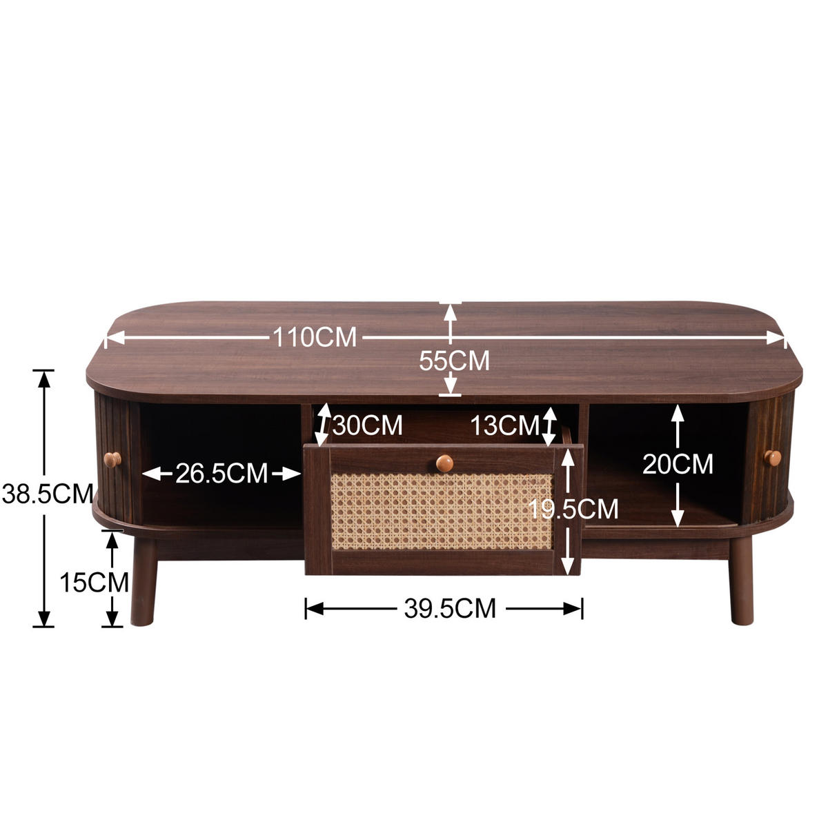 COUCHTISCH aus MDF 110x55x38,5 cm Naturfarben mit Schubladen, Türen und Rattan-Details - Naturfarben, Holzwerkstoff (110/55/38.5cm) - IVMEU
