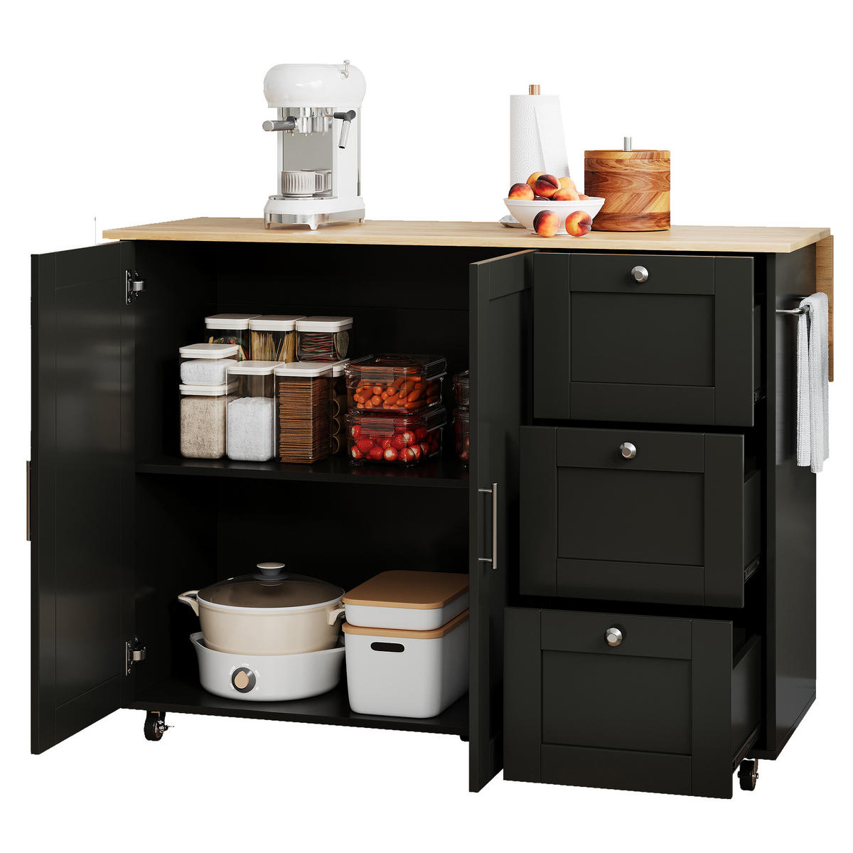 KÜCHENINSEL 135/44-70/90 cm aus MDF mit klappbarer Arbeitsplatte Schwarz/Natur - Schwarz, Holzwerkstoff (135/90/44cm) - Modenvie
