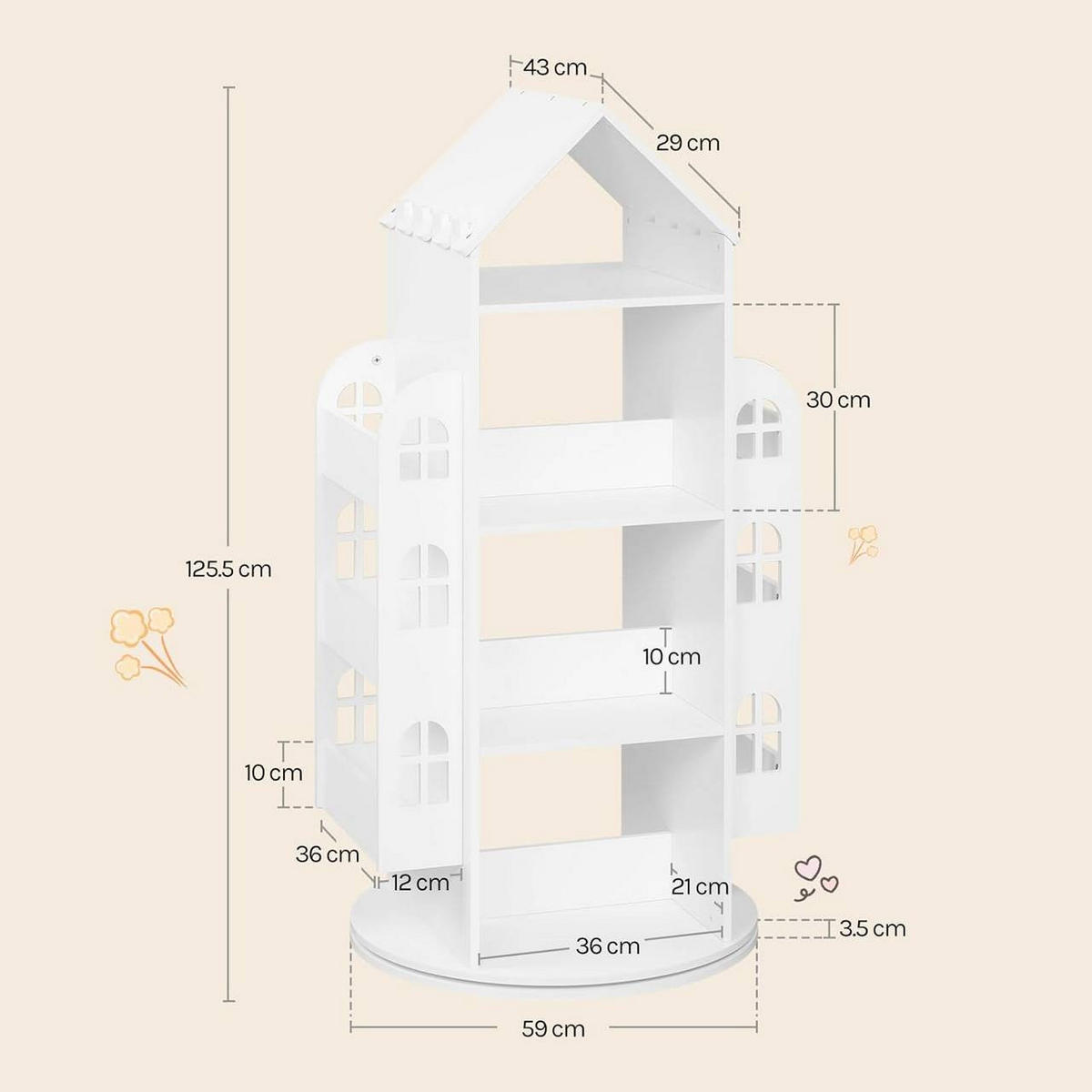 KINDERREGAL mit 4 Ebenen, drehbar, Hausform, Weiß - Weiß, Holzwerkstoff (63/125.5/59cm) - Woltu