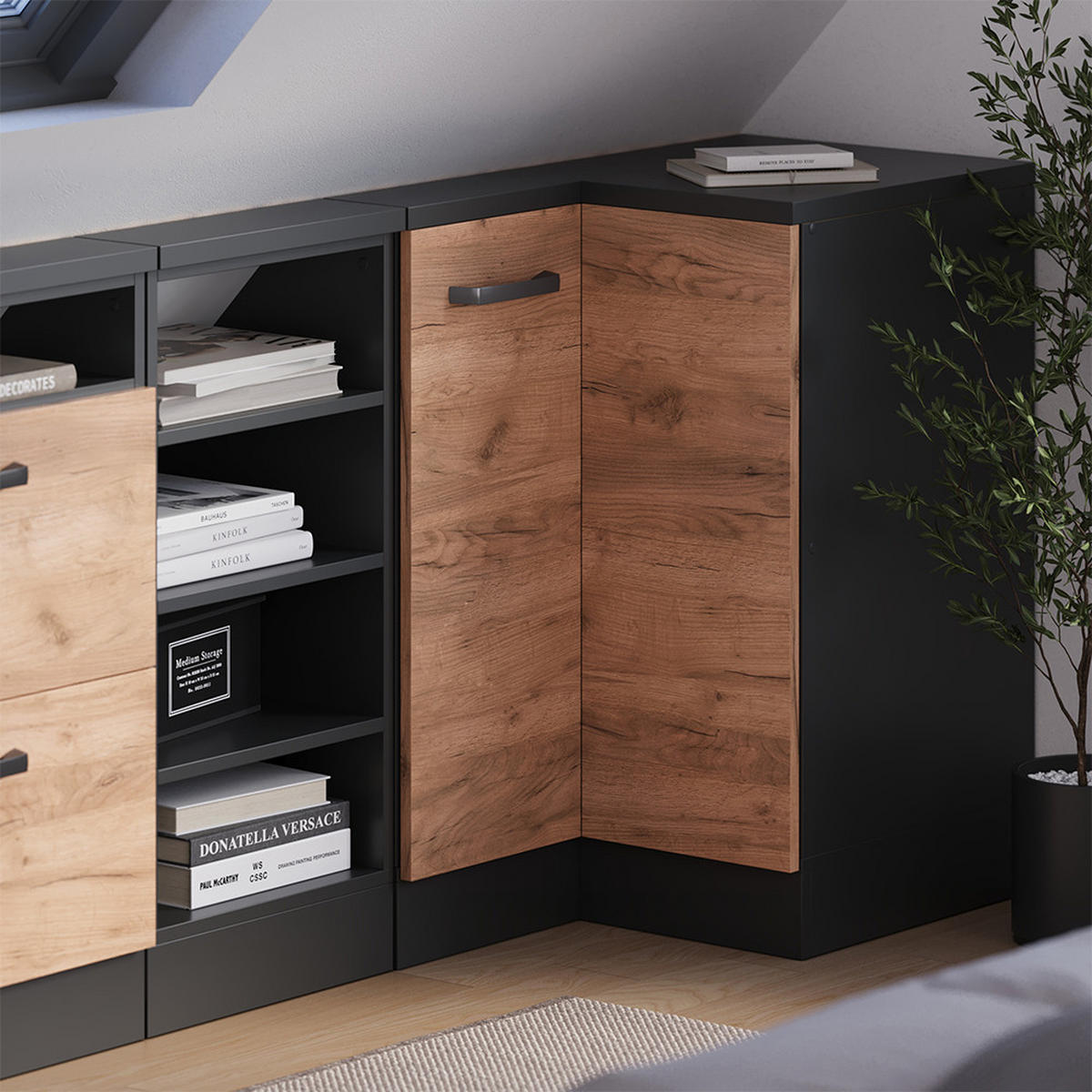 DACHSCHRÄGENSCHRANK ECKSCHRANK Rion Goldkraft Eiche/Anthrazit 75.6 x 81.6 cm mit 1 Tür - Honigeiche/Anthrazit, Holzwerkstoff (75.6/81.6/75.6cm) - Vicco