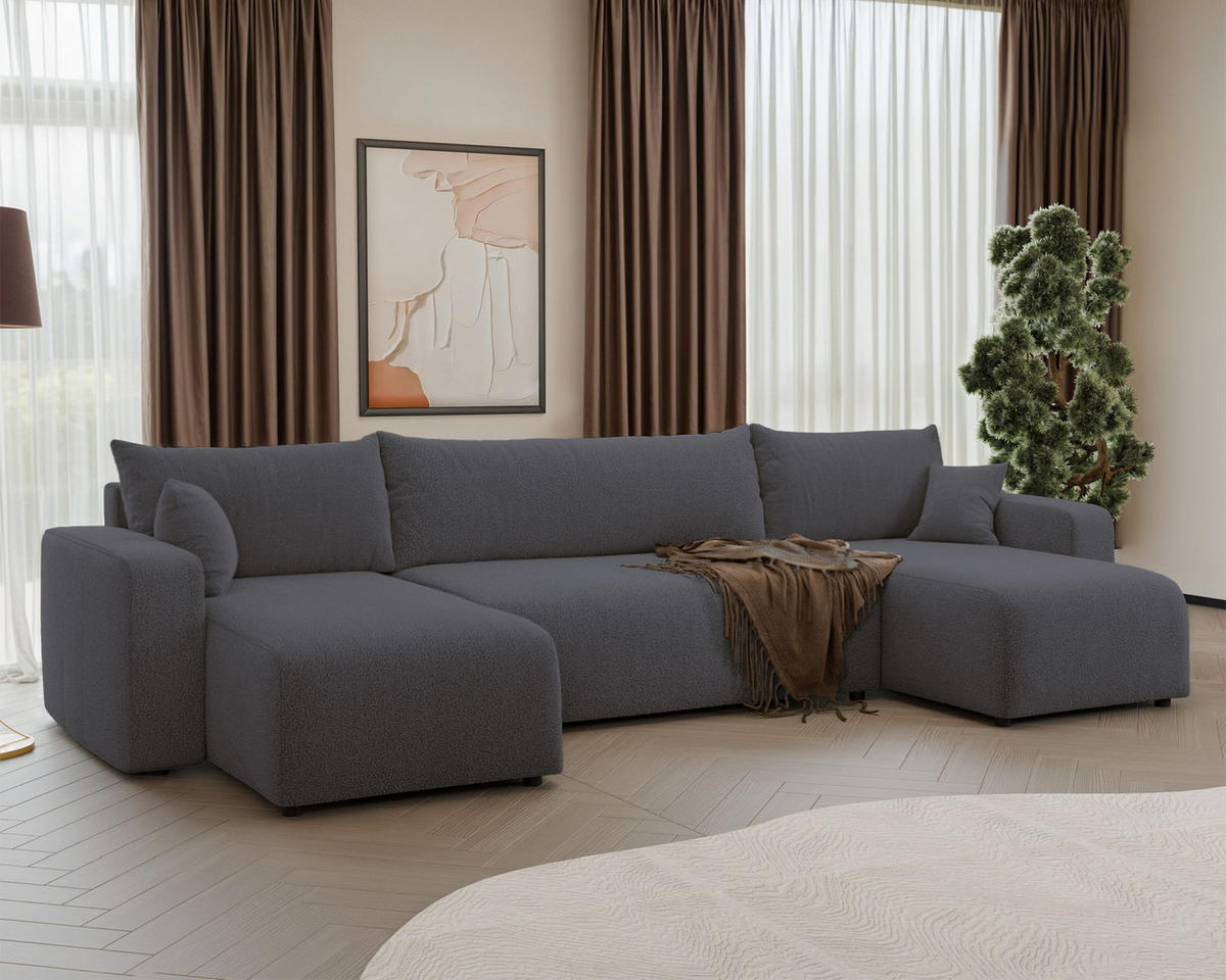 WOHNLANDSCHAFT Pianoni Dunkelgrau Bouclé-Bezug - Dunkelgrau/Schwarz, Kunststoff/Textil (312/83/140cm) - Selsey