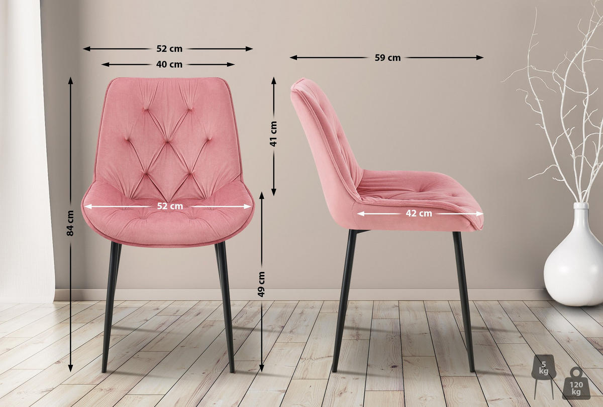 STUHL Samt rosa - Schwarz/Rosa, Textil/Metall (52/84/59cm) - CLP