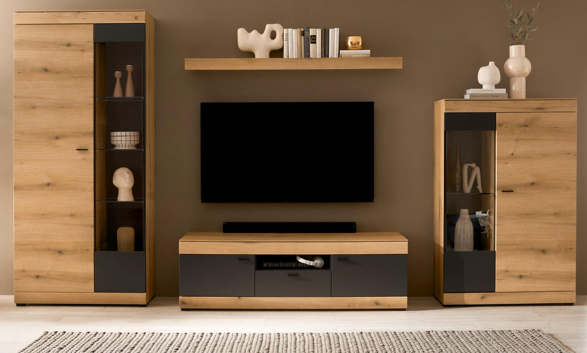 WOHNWAND Eiche, grau 350 cm 4-teilig, Wohnzimmer Set mit Soft-Close - Kaschmir/Eichefarben, Glas/Holzwerkstoff (350/201/45cm) - Furn.Design