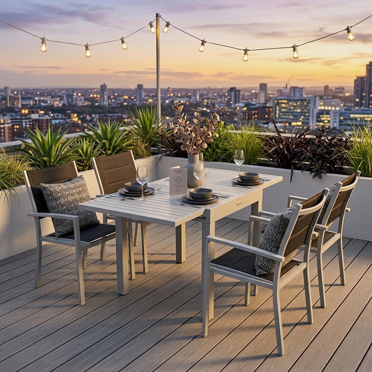 GARTEN-GARNITUR Ashford - 5-teilige Garten-Essgruppe (4x Sessel Aluminium silbergrau + Textilgewebe gepolstert schwarz - Schwarz, Metall - TPFGarden