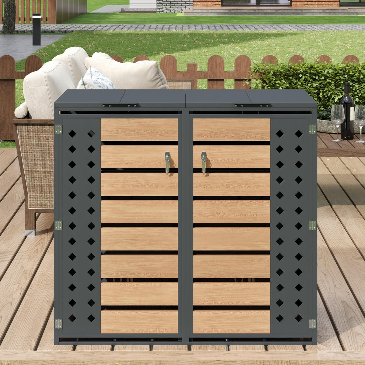 MÜLLTONNENBOX Klappdeckel 2 Türen Holzoptik - Grau, Metall (132/118.5/80cm) - LEBENLANG