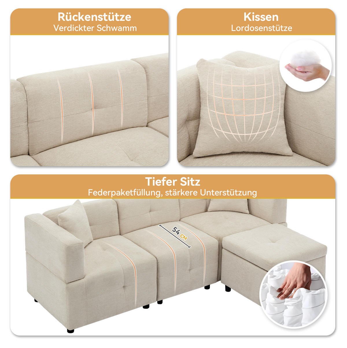 ECKSOFA 204/126/69 cm Beige aus Chenille mit Stauraum-Fußhocker - Beige, Textil (126/204cm) - OKWISH