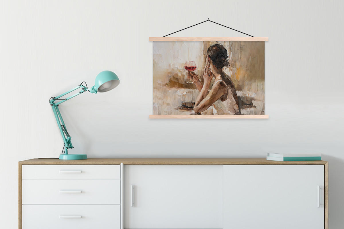 POSTER Ölgemälde - Frau - Wein 90x60 cm - Hellbraun, Textil (90/60/0.15cm) - MuchoWow