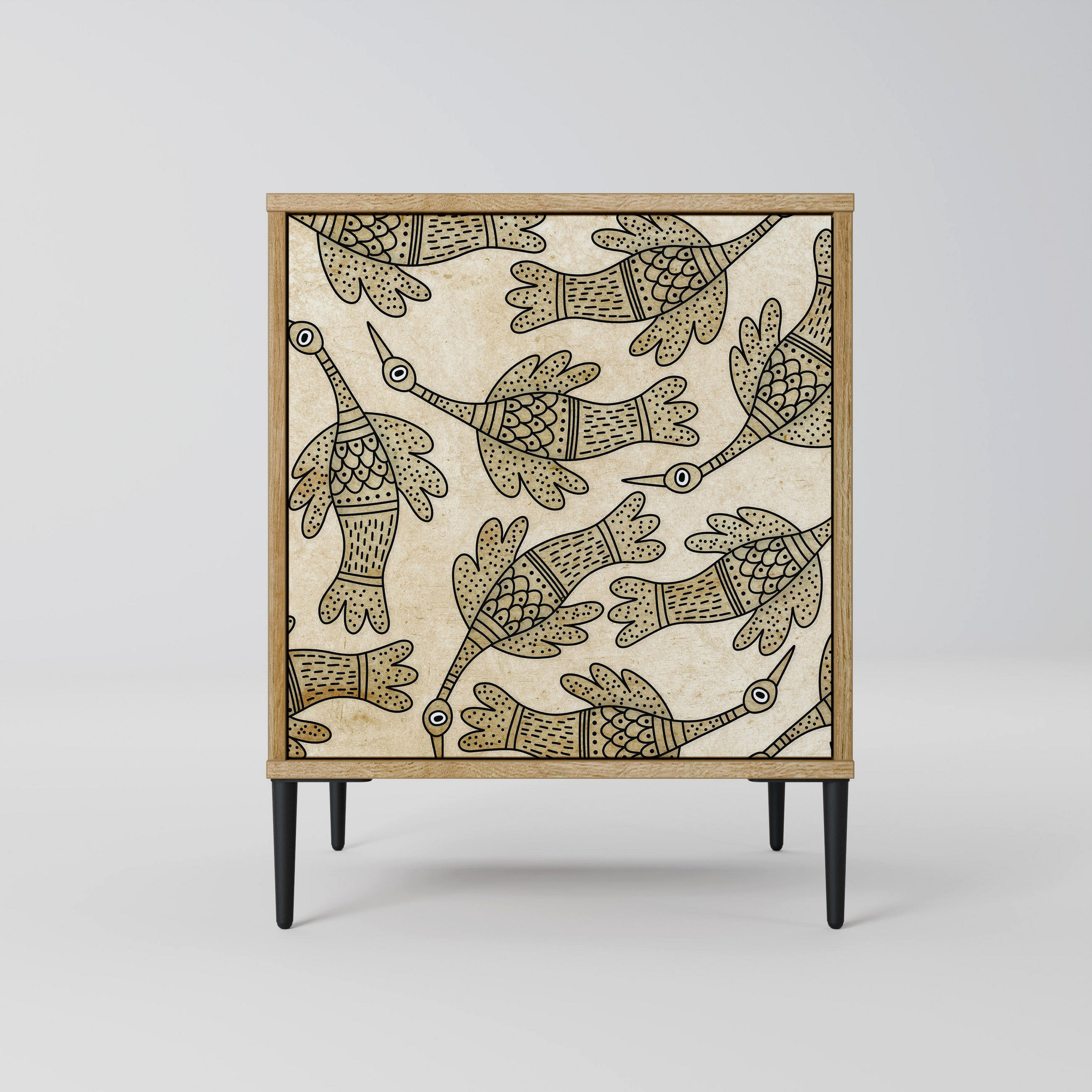 SIDEBOARD ALMONDINE SONGBIRD, Eichefarben, 57,5x42x72,5 cm, Schwarze Metallfüße - Eichefarben/Multicolor, Holzwerkstoff/Metall (57.5/72.5/42cm) - SpaceRebels