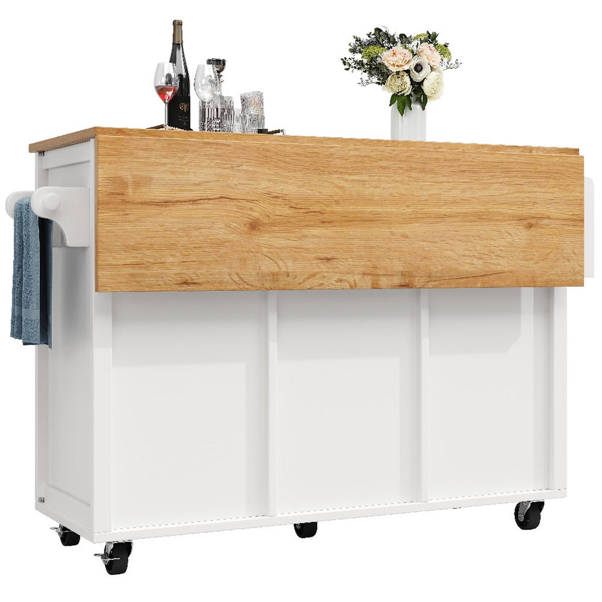 KÜCHENINSEL mit KLAPPBARER ARBEITSPLATTE, Weinregal, MDF/Metall, Weiß-Schwarz, 137,9/73/92 cm - Weiß, Kunststoff (73/92.5/137.9cm) - Rolipo