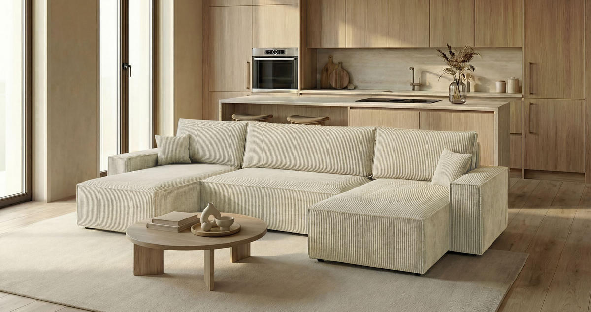WOHNLANDSCHAFT CALIFORNIA MINI U-Form weiß Cord Poso 100 - Schlaffunktion, Bettkasten - Weiß, Textil (312/85/142cm) - Cornero