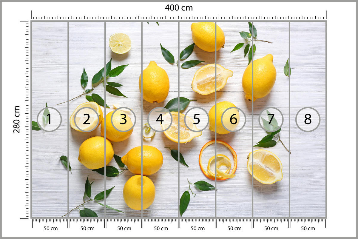 FOTOTAPETE für Küche Zitronen Holztisch Blätter Frisch Rustikal 400x280 - Gelb/Weiß, Papier (400/280cm) - Muralo