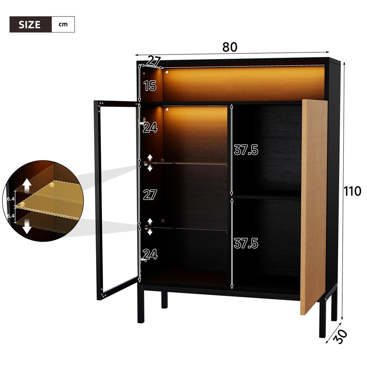 VITRINE 80x30x110 cm mit LED und Glastür - Schwarz/Braun, Holzwerkstoff (80/110/30cm) - FLIEKS
