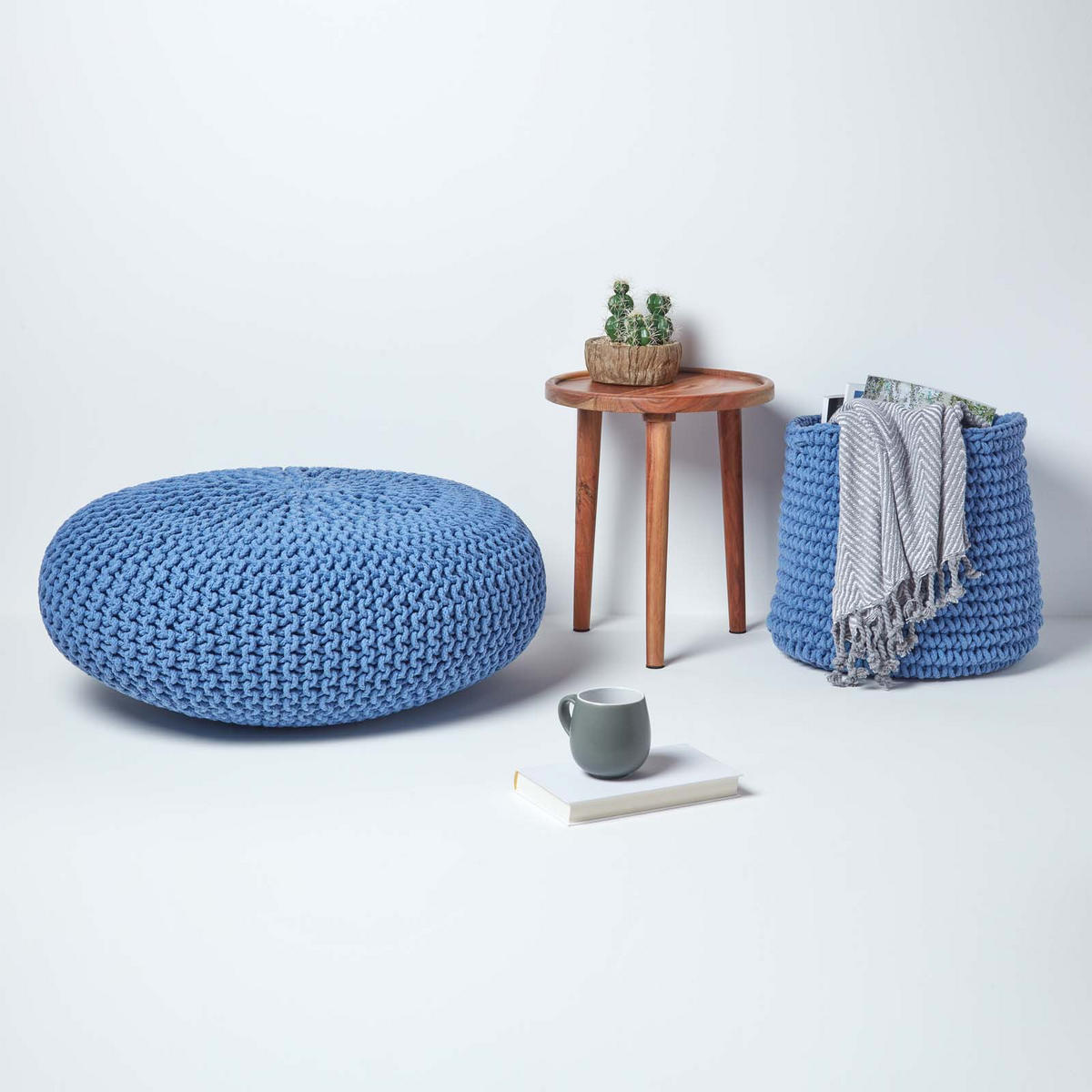 STRICK-POUF blau, Bodenkissen rund 70/70/23 cm - Blau, Textil (70/23/70cm) - Homescapes