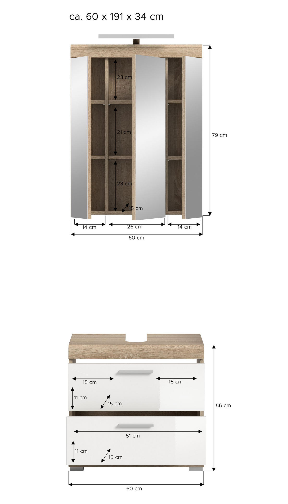 BADKOMBINATION 2tlg. Lambada Bad in Sonoma Eiche hell und weiß hochglanz B/H/T: 60x191x34 cm - Sonoma Eiche, Holz (60/191/37cm)