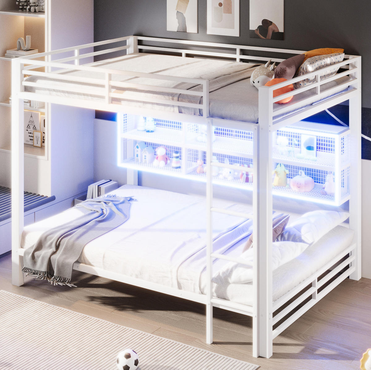 ETAGENBETT 140/200 cm in Weiß aus Metall mit 6 Stauraumschränken und LED - Weiß, Metall (140/200cm) - Flora Grace