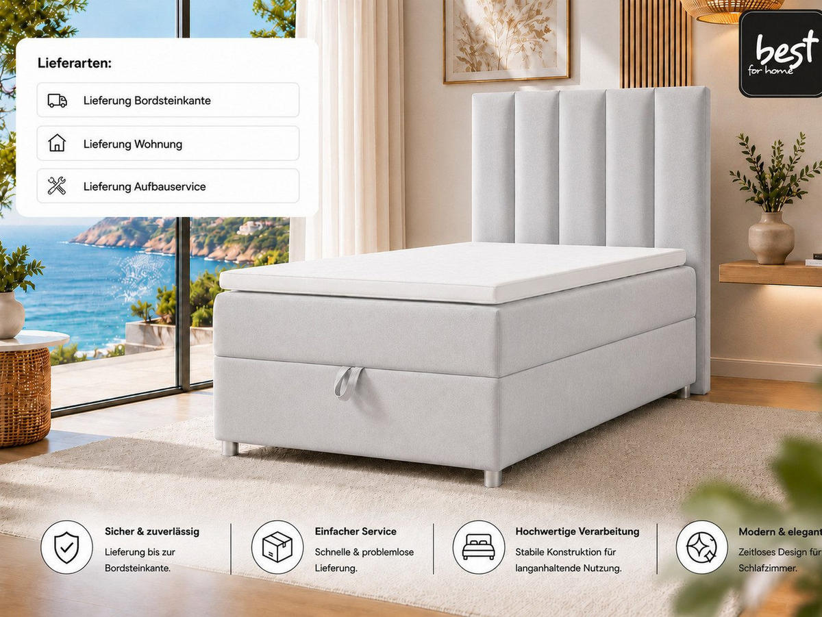 BOXBETT mit Bettkasten Trinity K-10 SINGLE Bonellfederkern inkl. Topper - Silberfarben, Holz/Holzwerkstoff (100/200cm) - Best For Home