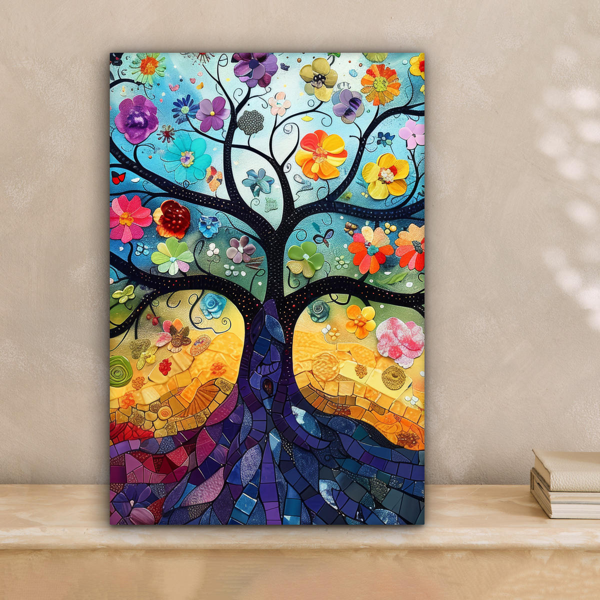LEINWANDBILD Kunst - Baum des Lebens - Blumen - Hippie Deko Wohnzimmer 20x30 cm - Dunkelblau, Textil (20/30cm) - MuchoWow