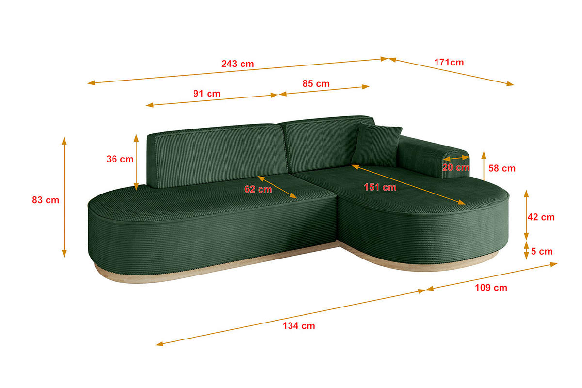 ECKSOFA Ottomane Rechts MARI-L1-v1 - 243x171x83 cm Grün Cord - Grün, Holzwerkstoff/Textil (171/243cm) - ALTDECOR