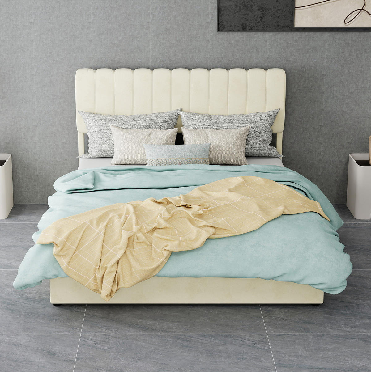 POLSTERBETT 140x200 cm in Beige mit hohem Kopfteil und Matratze - Beige, Textil (140/200cm) - IVMEU