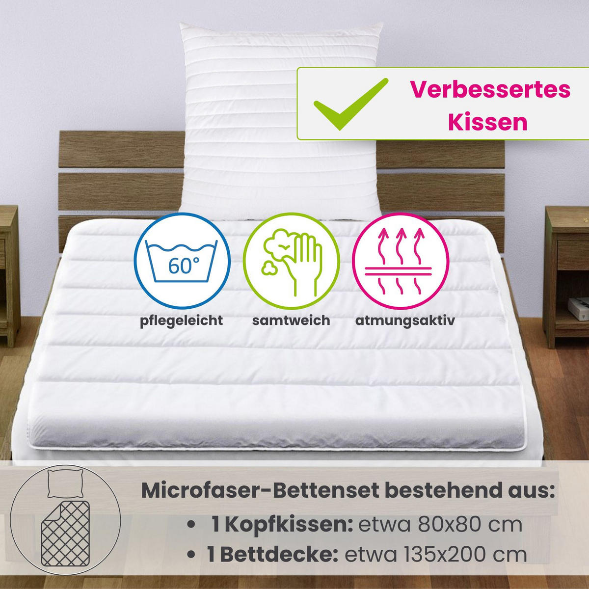 BETTENSET 2er Set Bettdecke und Kopfkissen 135/200 cm Microfaser Ganzjahresdecke - Weiß, Textil (135/200cm) - wometo