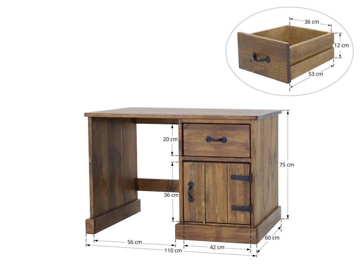 SCHREIBTISCH aus Massivholz Rustyk 2 - Dunkelbraun/Schwarz, Holz (110/60/75cm) - Seart