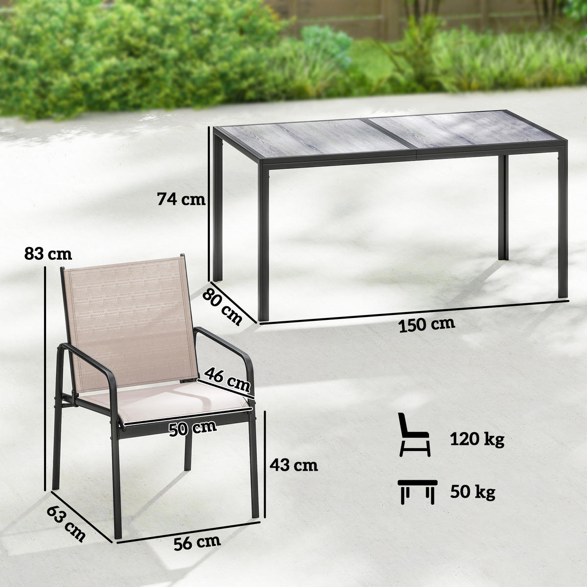 GARTENMÖBEL-SET,HOLZOPTIK Tisch+6 atmungsaktive Stühle,khaki - Beige, Metall - Vallsero