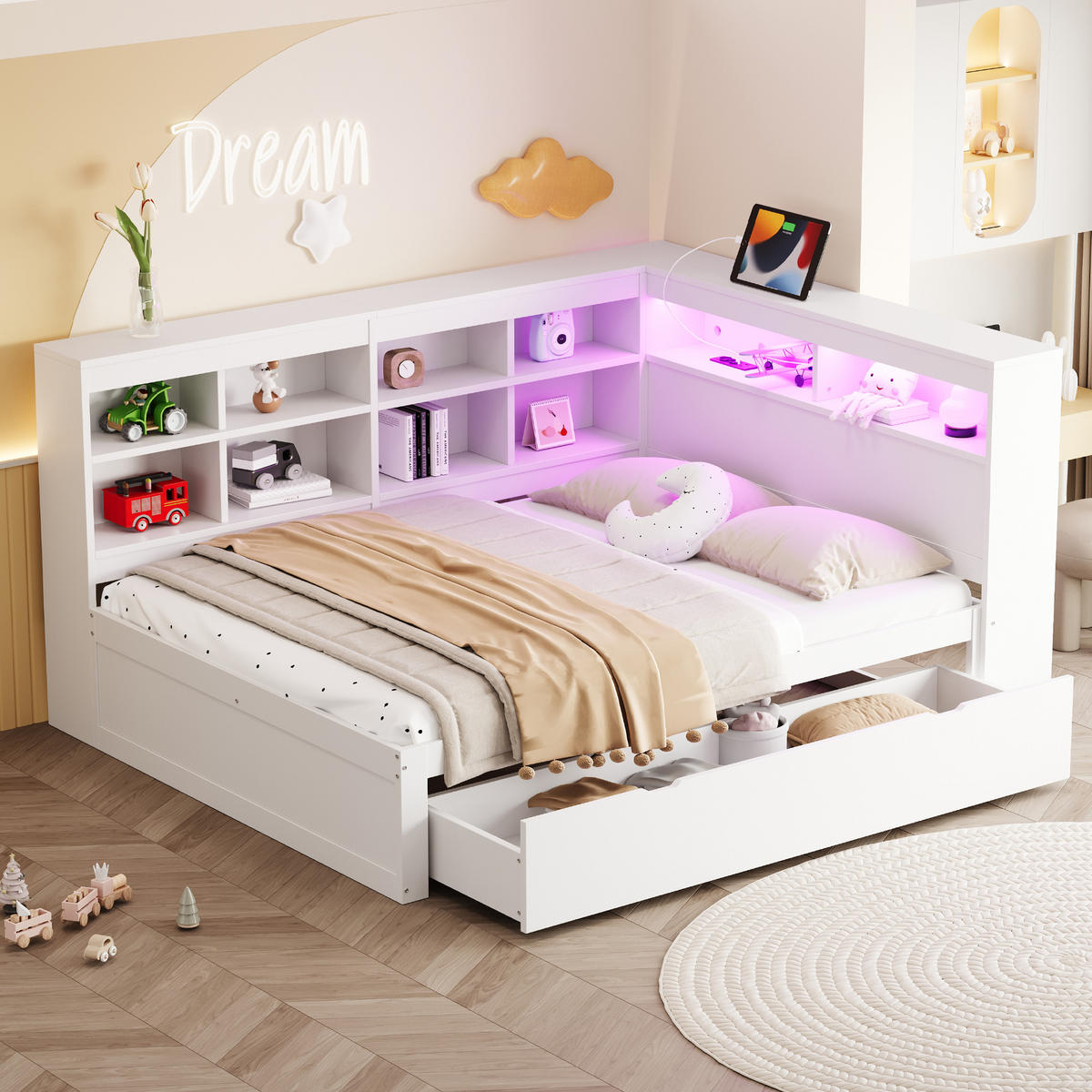 KINDERBETT 140/200 cm DE-01338, in Weiß, mit USB, LED und 2 Schubladen - Weiß, Holz (140/200cm) - ComfortXL