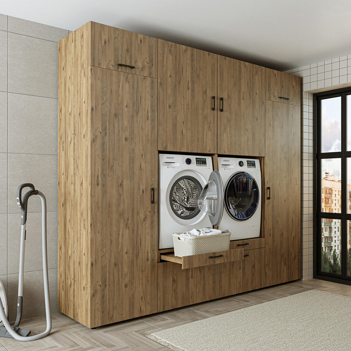 WASCHMASCHINENSCHRANK Serie 2 254cm Breit, 240cm Hoch - Eichefarben, Holzwerkstoff (254/240/67cm)