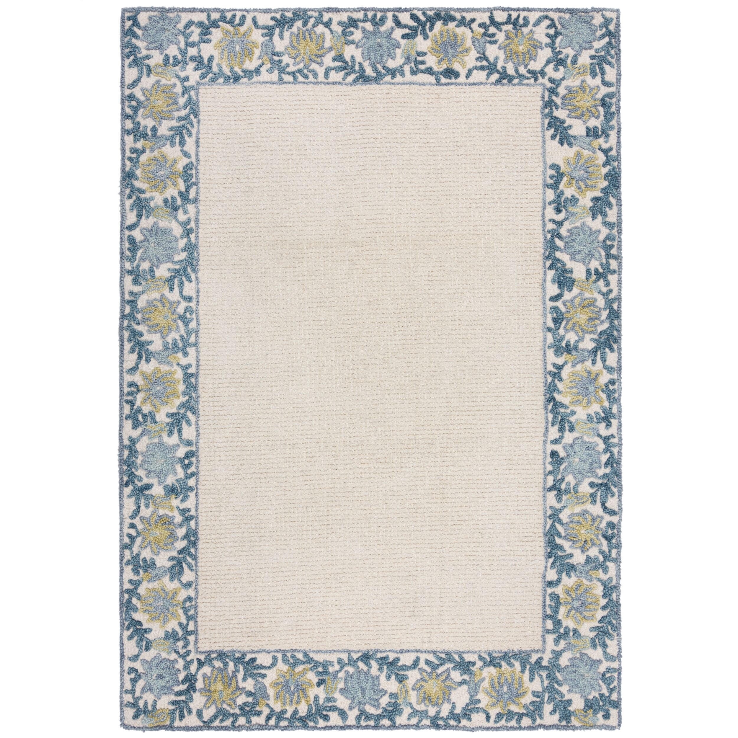 TEPPICH Kurzflor Unifarben, Floral Bordüre, Wohnzimmer Blau-Beige Rechteckig 160x230 - Blau, Textil (160/230cm) - KADIMA DESIGN