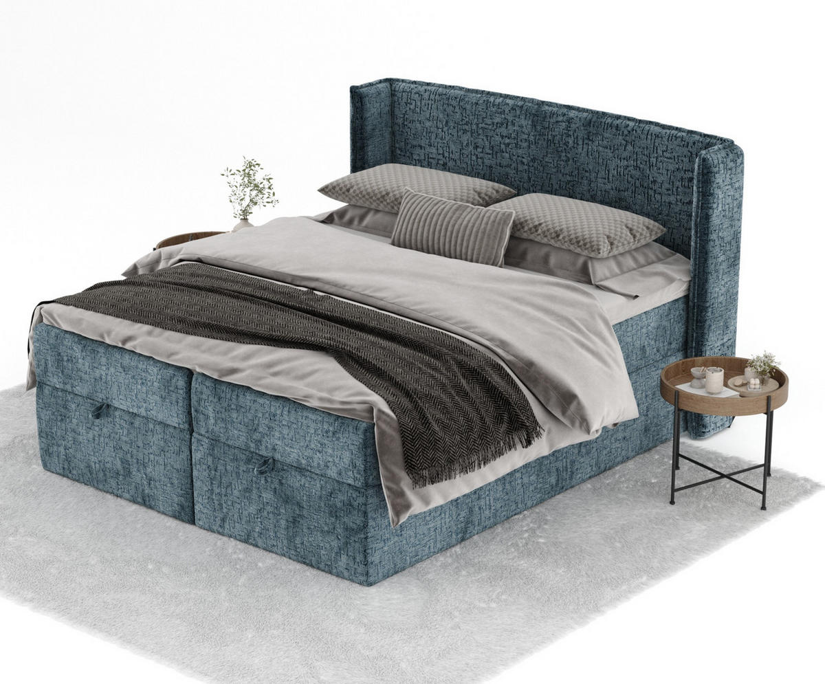 BOXBETT Passion Blau Grau 180/200 cm mit Matratze und Topper - Blaugrau/Schwarz, Holz/Holzwerkstoff (180/200cm) - Maison de Reve