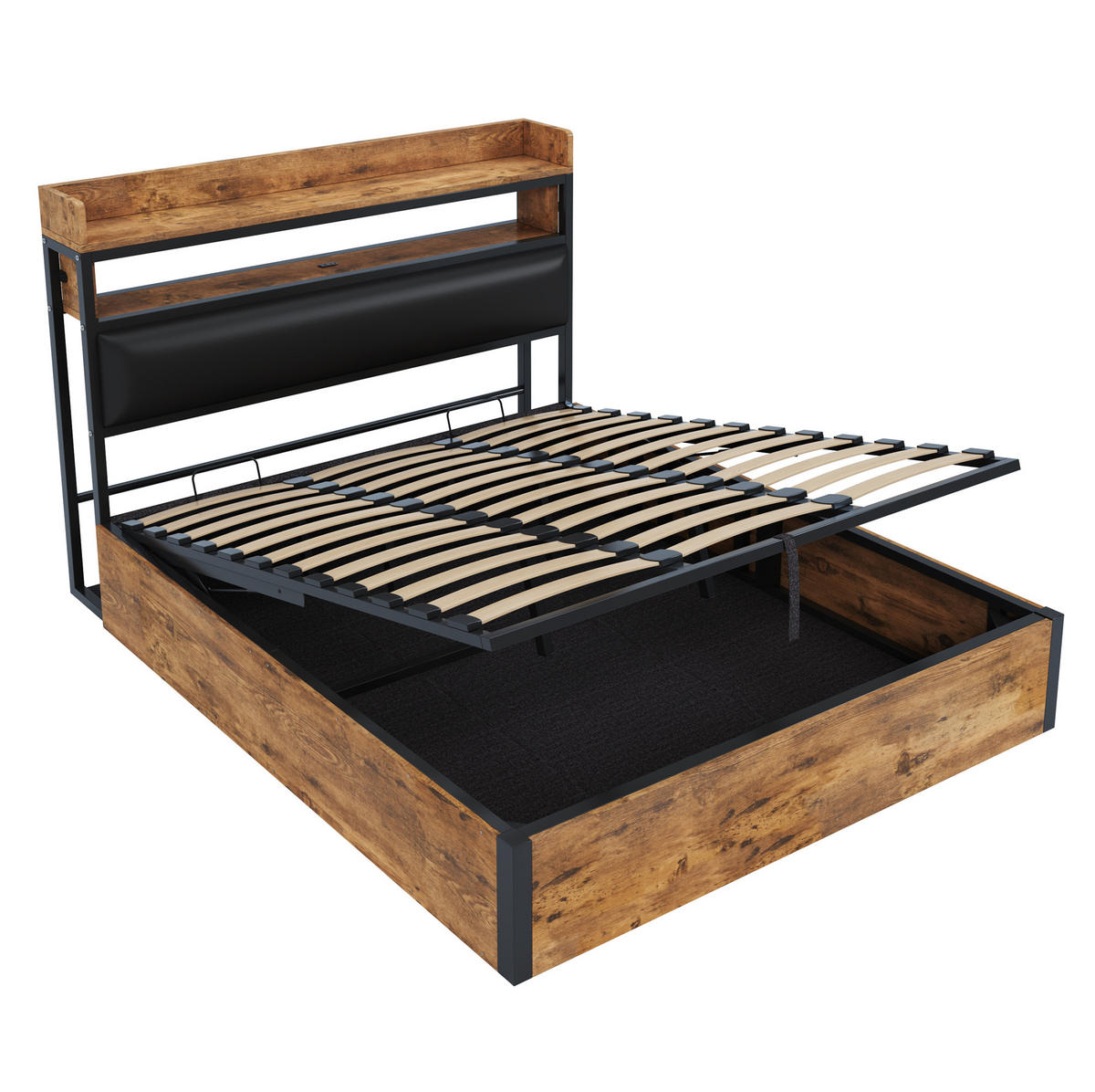 POLSTERBETT aus Metall, Holz und Stoff 180x200 cm Schwarz mit USB-Anschlüssen, hydraulischem Bettkasten und Kopfteilablage - Schwarz, Metall (180/200cm) - Modfu