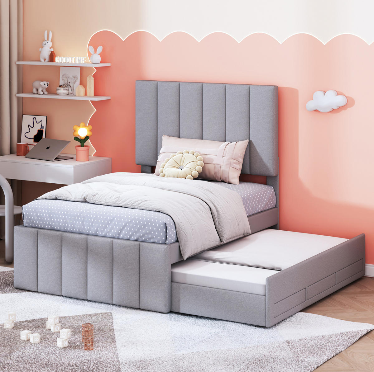 ČALÚNENÁ posteľ z MDF, ľanu a kovu 90x200 cm sivá s výsuvným lôžkom a 3 zásuvkami - sivá, textil (90/200cm) - Modfu