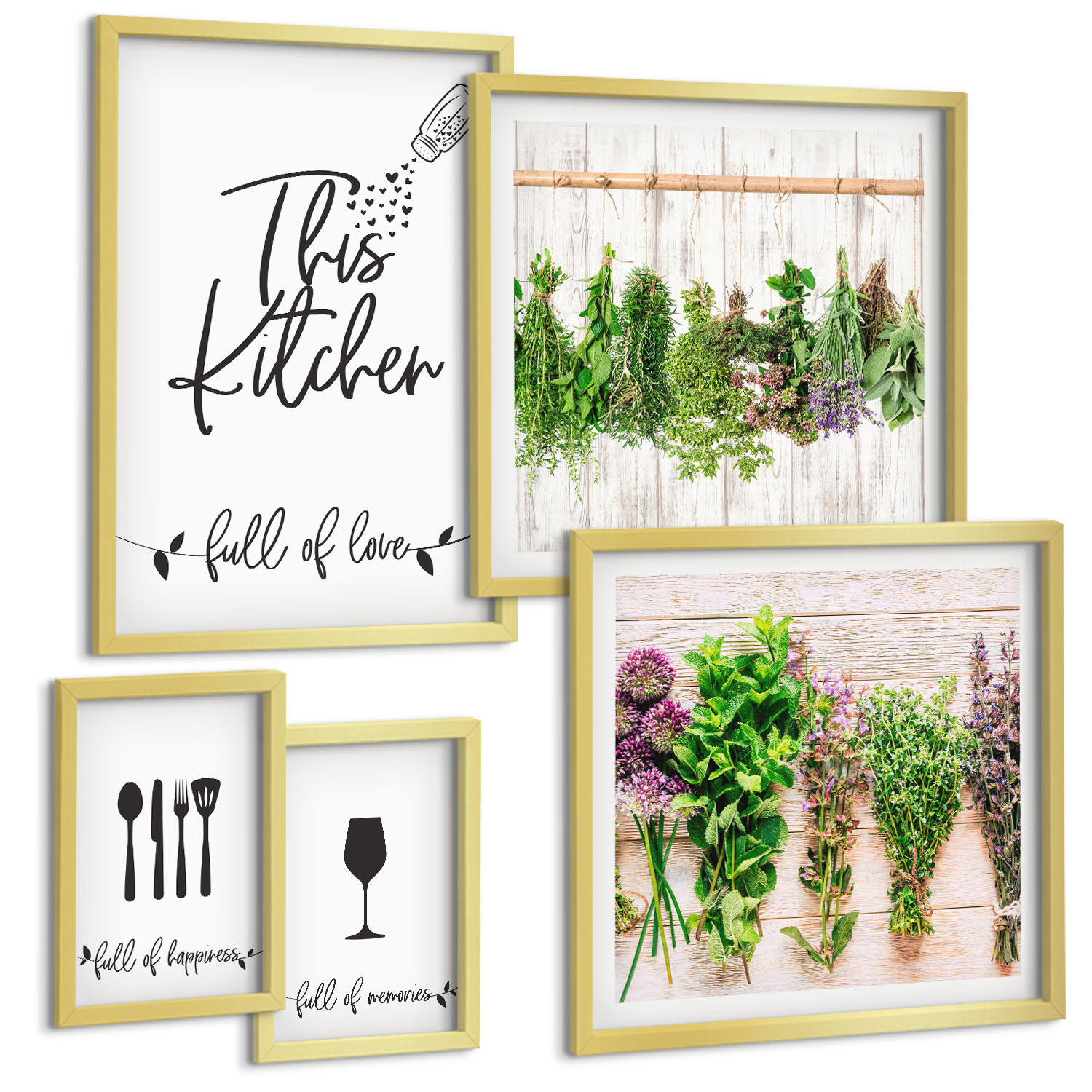 BILDER SET 5er Set - 50x50 cm & 20x30 cm & 40x60 cm Goldrahmen - Tisch aus Zitronenbaum - Goldfarben, Kunststoff (40/60cm) - TULUP