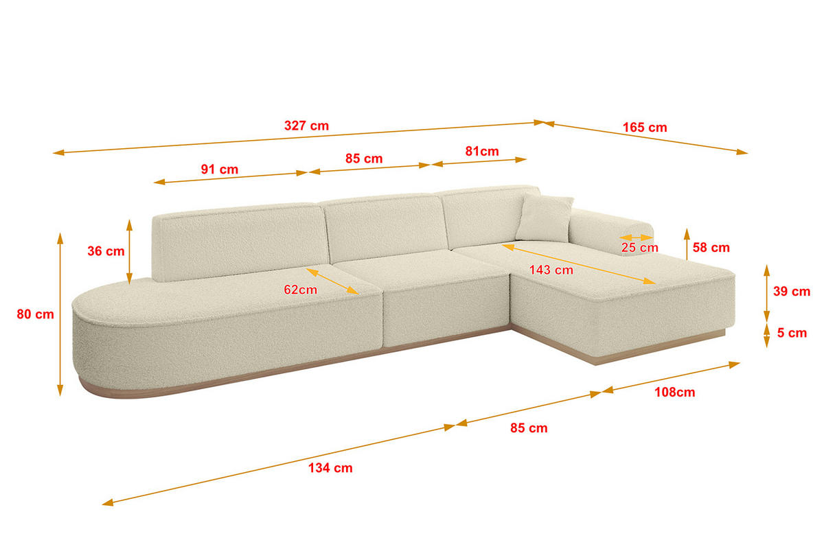 ECKSOFA Ottomane Rechts IREA-L2 - 327x165x80 cm Beige - Hellbraun/Creme, Holzwerkstoff/Textil (327/165cm) - ALTDECOR