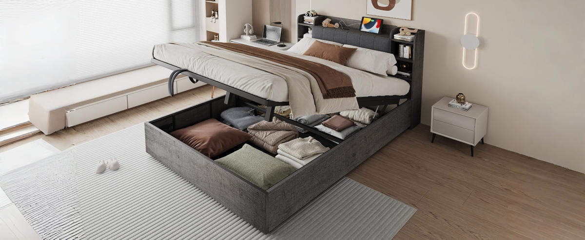 JUGENDBETT 180/200 mit Bettkasten, USB, Type-C und Stauraum am Kopfteil in Grau - Grau, Holzwerkstoff/Metall (180/200cm) - EVRYAE