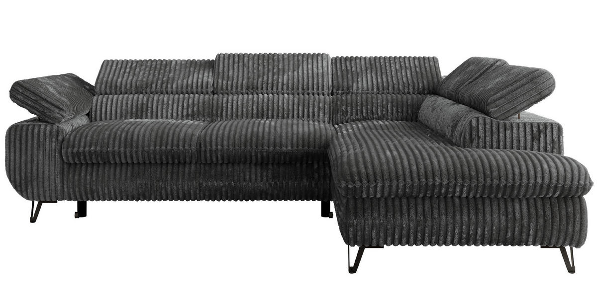 ECKSOFA PABLO L Dunkelgrau Cord - Rechts Seite mit Visco Topper - Dunkelgrau/Schwarz, Textil/Metall (273/208cm) - MKS