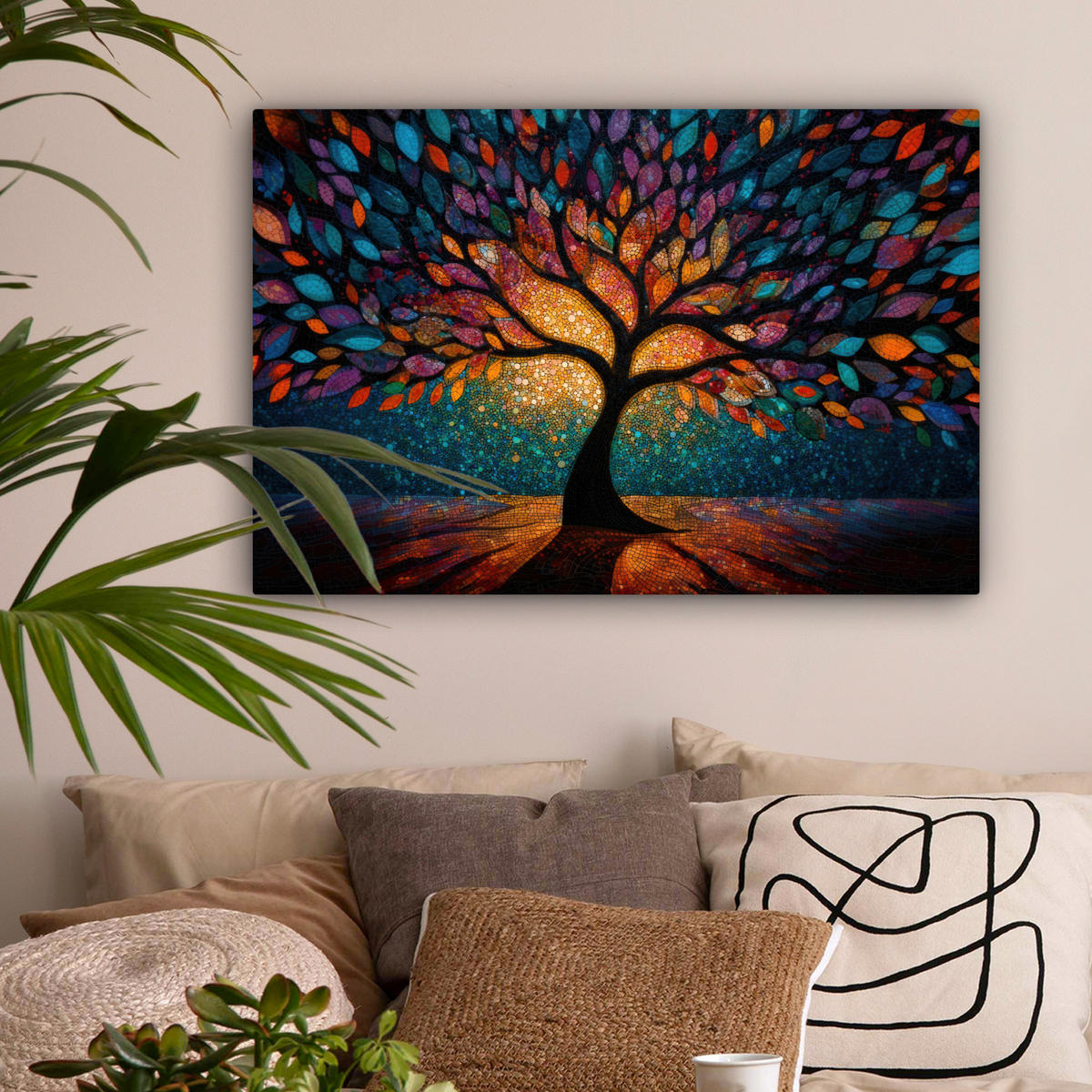 LEINWANDBILD Mosaik - Bunt - Baum - Äste Wanddeko 90x60 cm - Multicolor, Textil (90/60cm) - MuchoWow