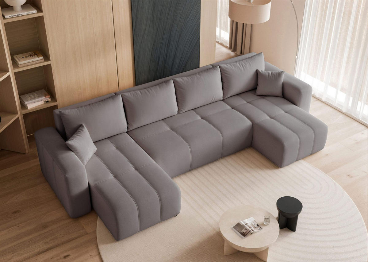 WOHNLANDSCHAFT Leros Schlaffunktion - Grau, Holzwerkstoff/Textil (318/79/145cm) - Fun Möbel