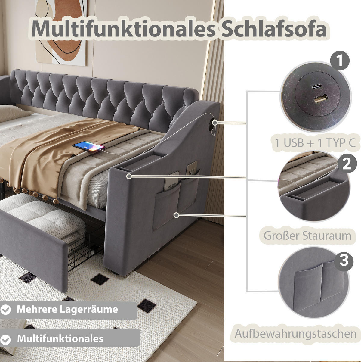 POLSTERBETT 90/190 cm mit USB- und Typ-C-Anschluss, Stauraumschubladen und Armlehnenfächern aus Samt, Dunkelgrau - Grau, Textil (90/190cm) - Redom
