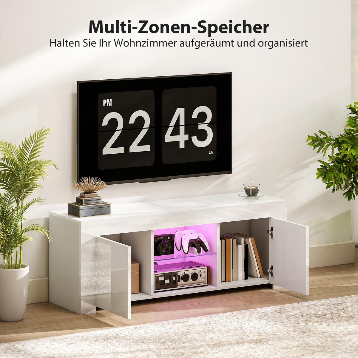 TV-SCHRANK mit LED-Beleuchtung, 2 Schranktüren, Glasregal, Kabellöcher Weiß - Weiß, Glas/Holzwerkstoff (34/45/120cm) - HOMCOM